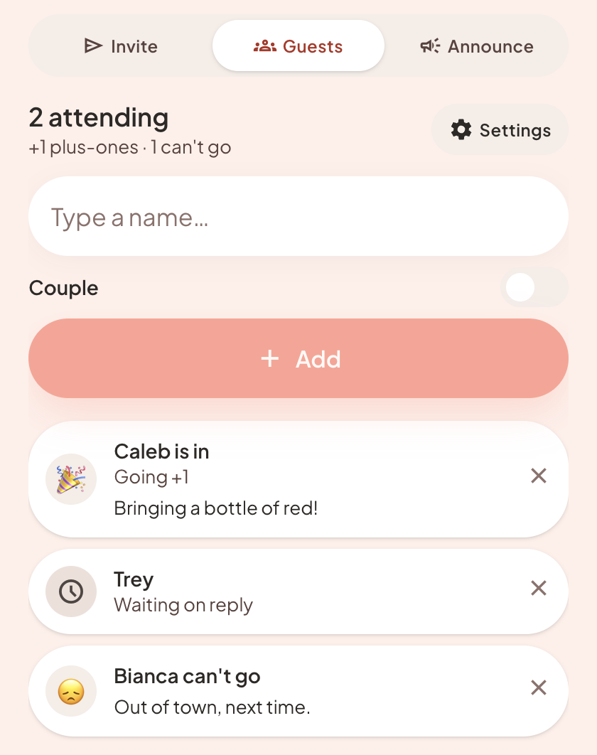 A host guestlist with four replies and a running count
